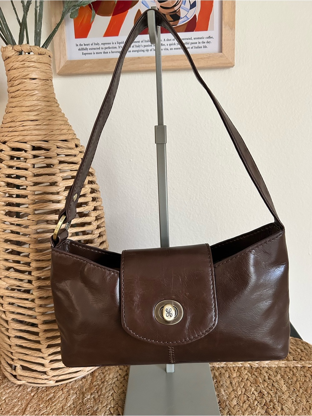 HOBO Mila Brown Leather Turn Lock East West Shoulder Baguette Bag - Picture 2 of 12